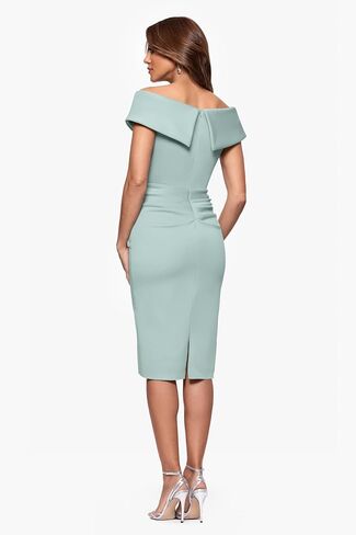 Xscape Women's Short Scuba Off-The-Shoulder Ruffle Midi Dress with Center Back Zipper in Saudi Arabia