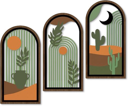 Putuo Decor Boho Wall Decor with Cactus, Modern Wooden Minimalist Wall Decor, Abstract Green Room Decorations 16x8 In Mid Century Artwork for Living Room Bedroom Office in Desert Green Set of 3 in Saudi Arabia