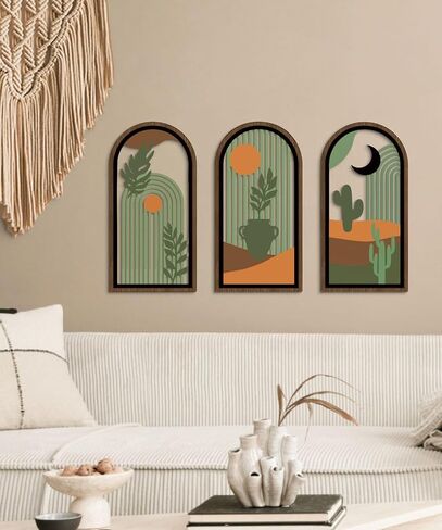 Putuo Decor Boho Wall Decor with Cactus, Modern Wooden Minimalist Wall Decor, Abstract Green Room Decorations 16x8 In Mid Century Artwork for Living Room Bedroom Office in Desert Green Set of 3 in Saudi Arabia