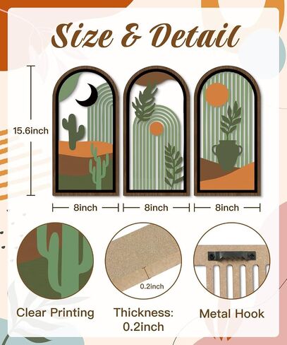 Putuo Decor Boho Wall Decor with Cactus, Modern Wooden Minimalist Wall Decor, Abstract Green Room Decorations 16x8 In Mid Century Artwork for Living Room Bedroom Office in Desert Green Set of 3 in Saudi Arabia