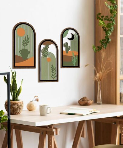 Putuo Decor Boho Wall Decor with Cactus, Modern Wooden Minimalist Wall Decor, Abstract Green Room Decorations 16x8 In Mid Century Artwork for Living Room Bedroom Office in Desert Green Set of 3 in Saudi Arabia