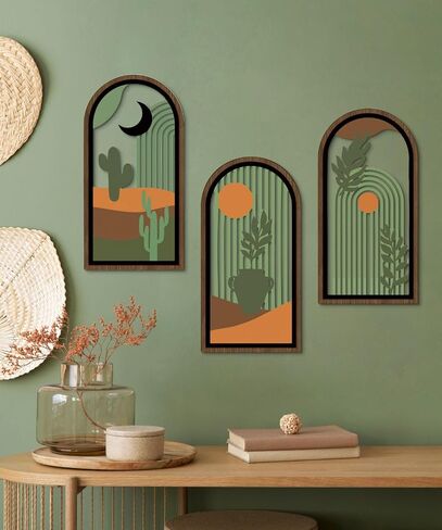 Putuo Decor Boho Wall Decor with Cactus, Modern Wooden Minimalist Wall Decor, Abstract Green Room Decorations 16x8 In Mid Century Artwork for Living Room Bedroom Office in Desert Green Set of 3 in Saudi Arabia
