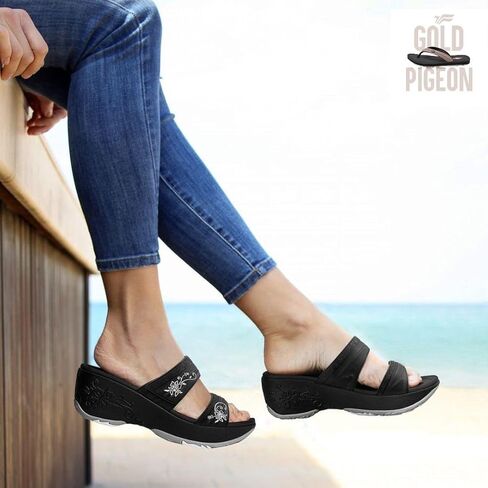 أحذية Gold Pigeon صنادل مريحة بكعب عريض، صنادل نسائية ذات نعل سميك كاجوال للشاطئ الصيفي، بكعب عريض 2.75 بوصة in Kuwait