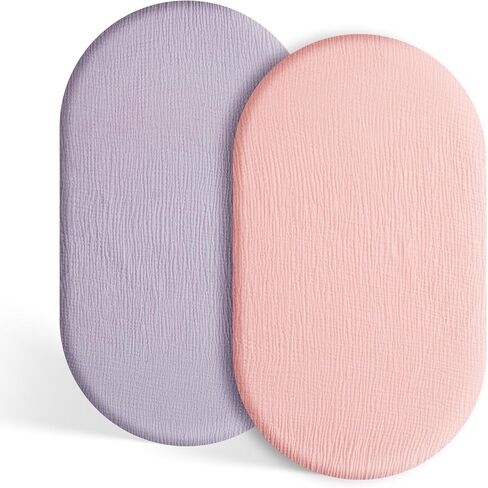 TILLYOU Muslin Bassinet Sheet - Ultra Soft Cotton Material, Skin Friendly Bassinet Fitted Sheet for Baby, Fit for Rectangle, Round, Oval, Hourglass Mattress,33"x16"，Light Purple&Light Pink in Kuwait