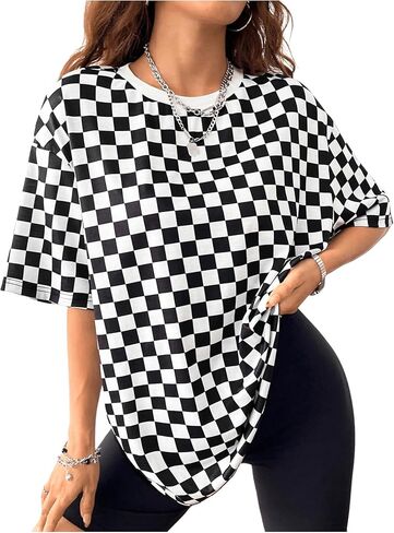 Milumia Women's Checkered Crew Neck Short Sleeve T Shirt Loose Fit Street Tops in Saudi Arabia