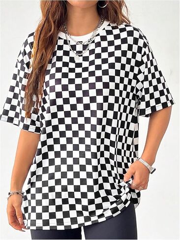 Milumia Women's Checkered Crew Neck Short Sleeve T Shirt Loose Fit Street Tops in Saudi Arabia
