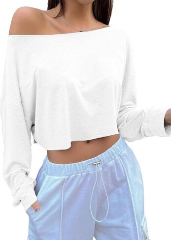 SOFIA'S CHOICE Women's Off Shoulder Long Sleeve T Shirt Boat Neck Loose Crop Tops in Kuwait