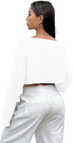 SOFIA'S CHOICE Women's Off Shoulder Long Sleeve T Shirt Boat Neck Loose Crop Tops in Kuwait
