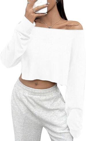 SOFIA'S CHOICE Women's Off Shoulder Long Sleeve T Shirt Boat Neck Loose Crop Tops in Kuwait