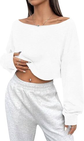 SOFIA'S CHOICE Women's Off Shoulder Long Sleeve T Shirt Boat Neck Loose Crop Tops in Kuwait