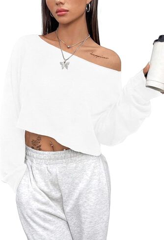 SOFIA'S CHOICE Women's Off Shoulder Long Sleeve T Shirt Boat Neck Loose Crop Tops in Kuwait