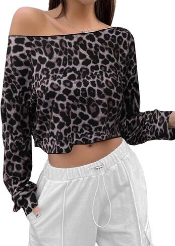 SOFIA'S CHOICE Women's Off Shoulder Long Sleeve T Shirt Boat Neck Loose Crop Tops in Kuwait