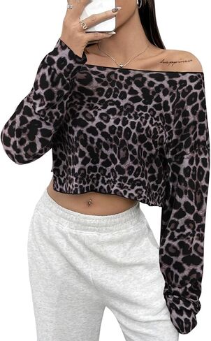 SOFIA'S CHOICE Women's Off Shoulder Long Sleeve T Shirt Boat Neck Loose Crop Tops in Kuwait