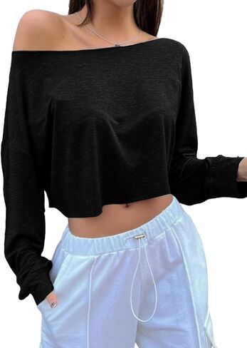 SOFIA'S CHOICE Women's Off Shoulder Long Sleeve T Shirt Boat Neck Loose Crop Tops in Saudi Arabia