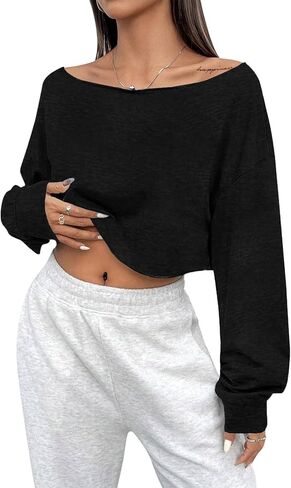 SOFIA'S CHOICE Women's Off Shoulder Long Sleeve T Shirt Boat Neck Loose Crop Tops in Saudi Arabia