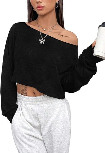 SOFIA'S CHOICE Women's Off Shoulder Long Sleeve T Shirt Boat Neck Loose Crop Tops in Saudi Arabia