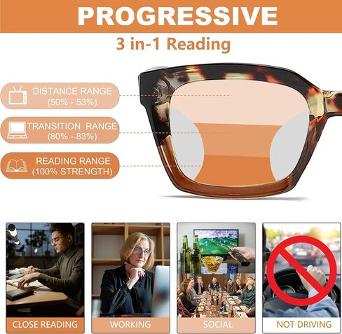 Near-range Workspace Progressive Reading Glasses for Women,Blue Light Blocking Readers Oversized Oprah Square style in Kuwait