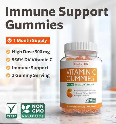 Vegan Vitamin C Gummies for Adults - Immune Support Gummies with Chewable Vitamin C 500mg per Serving for Daily and Seasonal Wellness - High Potency Non-GMO Formula - Orange Flavor (1 Month Supply) in Saudi Arabia