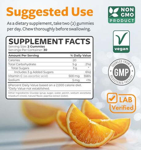 Vegan Vitamin C Gummies for Adults - Immune Support Gummies with Chewable Vitamin C 500mg per Serving for Daily and Seasonal Wellness - High Potency Non-GMO Formula - Orange Flavor (1 Month Supply) in Saudi Arabia