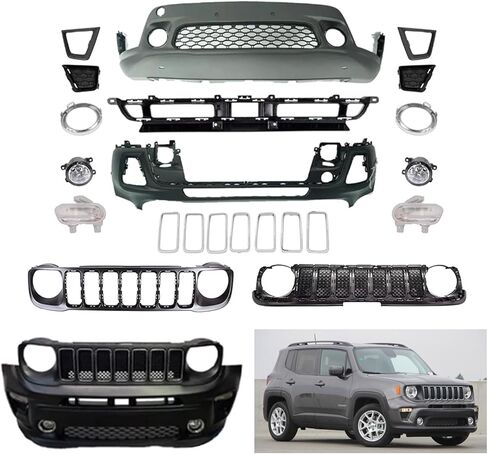 مجموعة غلاف المصد الأمامية Renegade متوافقة مع 2019 2020 2021 2022 2023 JE -EP Renegade w/Upper Grille Lower Lights and Fog Lights - Full Body Set in Kuwait