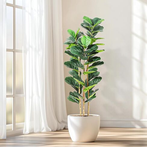 Artificial Fiddle Leaf Fig Tree - 5FT (59 in) Fake Fig Tree,Realistic Artificial Floor Plant in Modern White Pot - Perfect for Living Room, Bedroom, Office Decor - No Maintenance Fake Tree in Kuwait