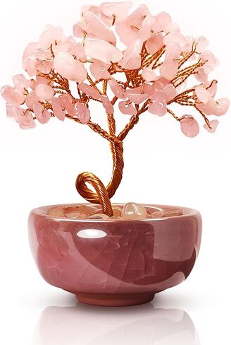 Rose Quartz Crystal Tree,Romantic Gift for Her with Copper Wire in Crackle Ceramic Base,Bedroom Decor in Kuwait