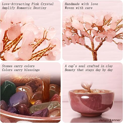 Rose Quartz Crystal Tree,Romantic Gift for Her with Copper Wire in Crackle Ceramic Base,Bedroom Decor in Kuwait