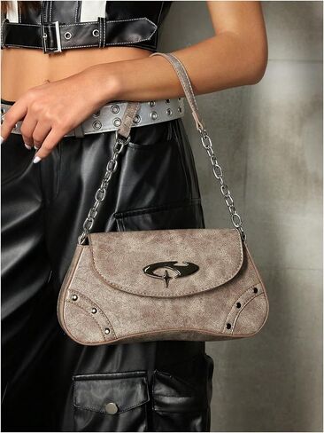 Verdusa Women's Punk Studded Flap Leather Bags Chain Top Handle Underarm Shoulder Bag in Saudi Arabia