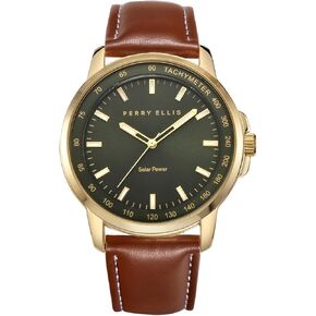 Perry Ellis Solar Powered Mens Watch | Vegan Leather Water-Resistant Analog Wrist Watches for Men | 43mm Case | Aluminum Tachymeter Bezel | Elegant Gift for Man in Kuwait