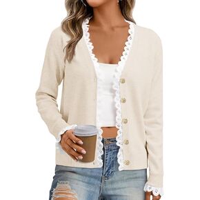 جرس Cicy Womens Lace V رقبة Cardigan Sensters زر أسفل الأكمام الطويلة متماسكة قمم الخريف العصرية خفيفة الوزن سترة الأمامية مفتوحة in Saudi Arabia