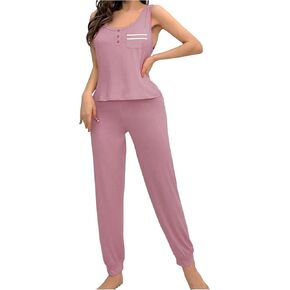 WDIRARA Women's 2 Piece Pajama Set Sleeveless Button Down Sleepwear Drawstring Pants Pj Sets in Saudi Arabia