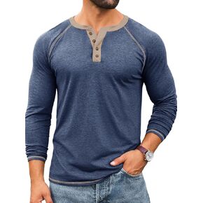 Yousify Mens Henley Shirts Long Sleeve Casual Basic T Shirts Button Vintage Lightweight Cotton Tee Tops in Kuwait