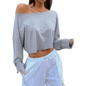 Avanova Women Off The Shoulder Crop Tops Long Sleeves Boat Neck Oversized Loose Tee Shirts in Kuwait