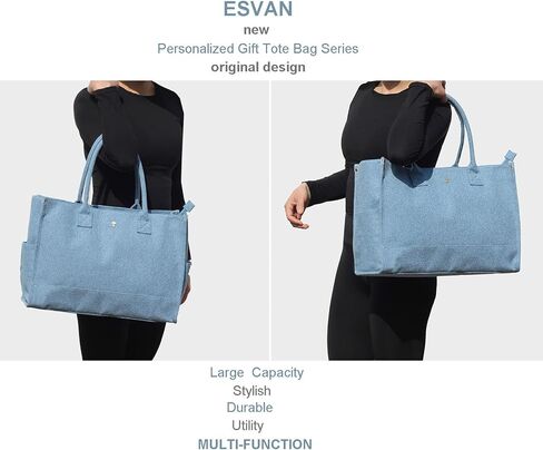 ESVAN Personalized Gifts Canvas Tote Linen Bags Handbags Top Zipper Closure Initial Retro Utility Tote in Kuwait