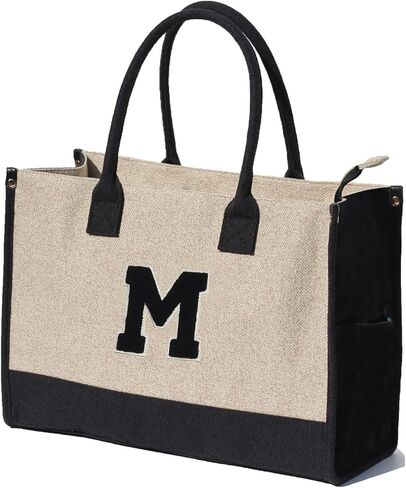 ESVAN Personalized Gifts Canvas Tote Linen Bags Handbags Top Zipper Closure Initial Retro Utility Tote in Kuwait