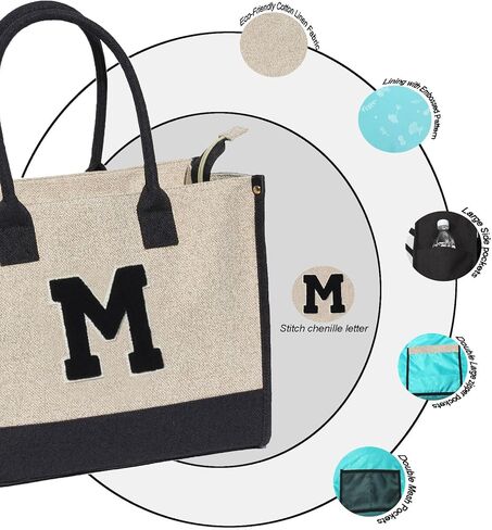 ESVAN Personalized Gifts Canvas Tote Linen Bags Handbags Top Zipper Closure Initial Retro Utility Tote in Kuwait
