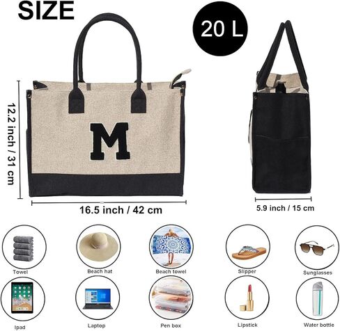 ESVAN Personalized Gifts Canvas Tote Linen Bags Handbags Top Zipper Closure Initial Retro Utility Tote in Kuwait