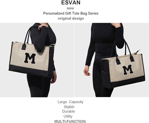 ESVAN Personalized Gifts Canvas Tote Linen Bags Handbags Top Zipper Closure Initial Retro Utility Tote in Kuwait