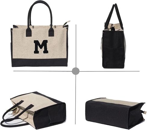 ESVAN Personalized Gifts Canvas Tote Linen Bags Handbags Top Zipper Closure Initial Retro Utility Tote in Kuwait