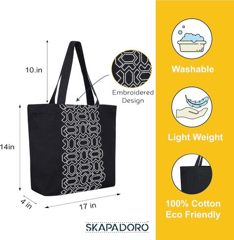 Canvas Big Zip Printed Handbag Tote, Cotton, Inner Pocket, Ecofriendly Bags for Women, Shopping Bag, Easy to Wash in Saudi Arabia