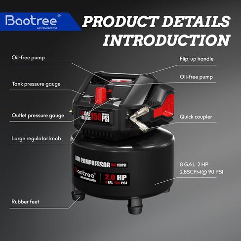 8 Gallon Portable Air compressor, Max 150PSI Oil Free Air Compressor Tank, 2HP Motor 2.8SCFM@90 PSI,3.8SCFM@40PSl Garage Air Compressor for Car Repair, Spray Painting, Woodwork Nailing in Kuwait