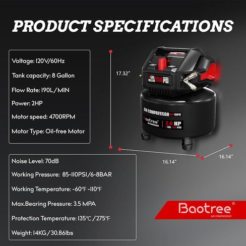 8 Gallon Portable Air compressor, Max 150PSI Oil Free Air Compressor Tank, 2HP Motor 2.8SCFM@90 PSI,3.8SCFM@40PSl Garage Air Compressor for Car Repair, Spray Painting, Woodwork Nailing in Kuwait