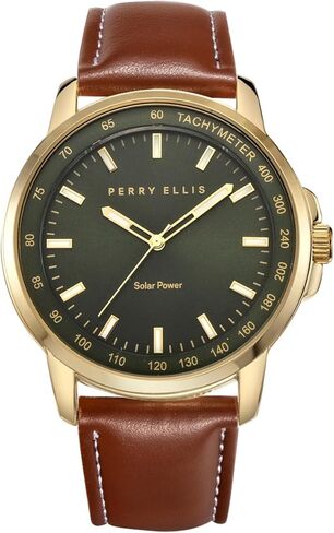 Perry Ellis Solar Powered Mens Watch | Vegan Leather Water-Resistant Analog Wrist Watches for Men | 43mm Case | Aluminum Tachymeter Bezel | Elegant Gift for Man in Saudi Arabia