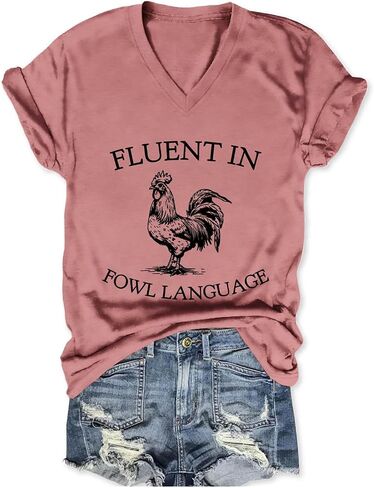 Fluent in Fowl Language Shirt Chicken V Neck T Shirts for Women Funny Graphic Tees Short Sleeve Tops in Kuwait