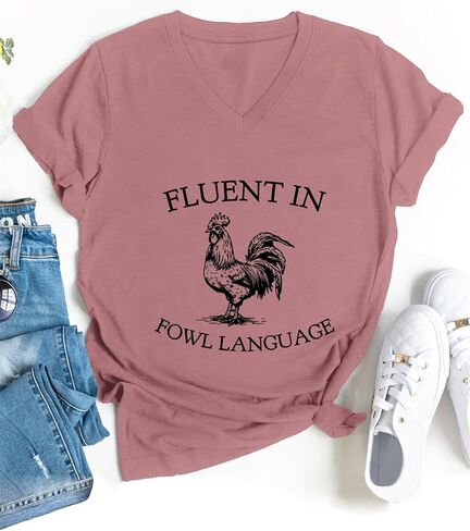 Fluent in Fowl Language Shirt Chicken V Neck T Shirts for Women Funny Graphic Tees Short Sleeve Tops in Kuwait
