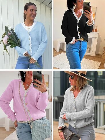 جرس Cicy Womens Lace V رقبة Cardigan Sensters زر أسفل الأكمام الطويلة متماسكة قمم الخريف العصرية خفيفة الوزن سترة الأمامية مفتوحة in Saudi Arabia