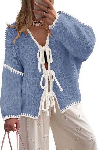 ZESICA Women's Tie Front Bow Cardigan Sweaters 2025 Casual Long Sleeve Knit Color Block Fall Winter Clothing Coats in Saudi Arabia