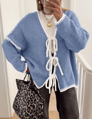 ZESICA Women's Tie Front Bow Cardigan Sweaters 2025 Casual Long Sleeve Knit Color Block Fall Winter Clothing Coats in Saudi Arabia