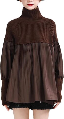 Women Black Pleated Big Size Knitting Turtleneck Sweater Loose Fit Long Sleeve Knit Tops in Saudi Arabia