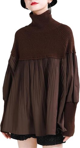 Women Black Pleated Big Size Knitting Turtleneck Sweater Loose Fit Long Sleeve Knit Tops in Saudi Arabia